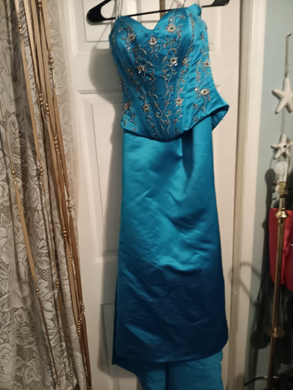 Tiffany Designs Strapless Turquoise Satin Evening Gown with Beaded Bodice